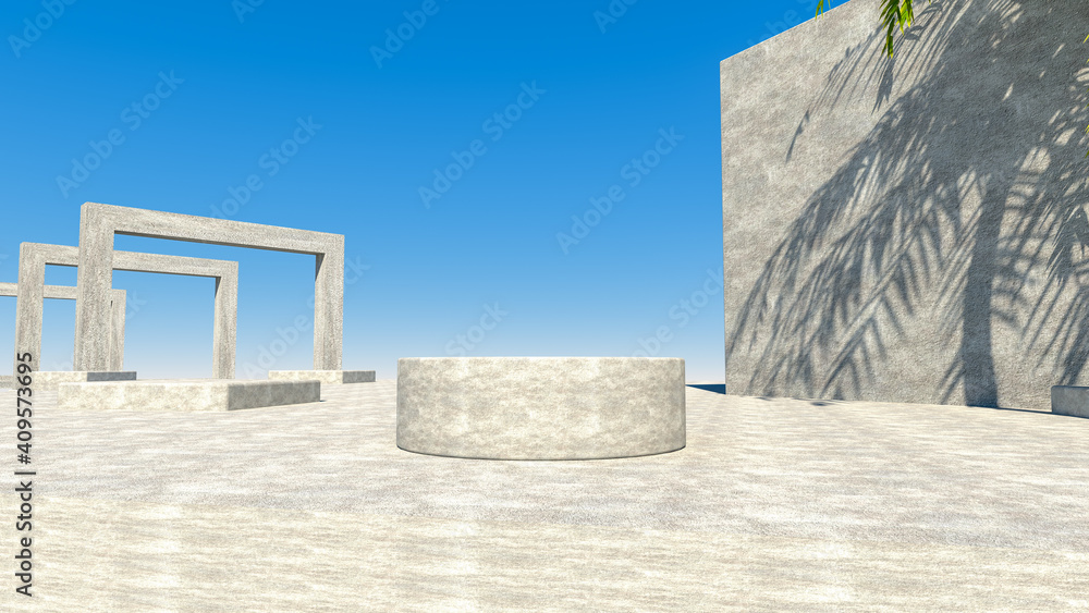 Minimal cosmetic background for product presentation. Sunshade shadow on geometric plaster background. Podium for packaging presentation and cosmetic. 3d rendering. 3d illustration.