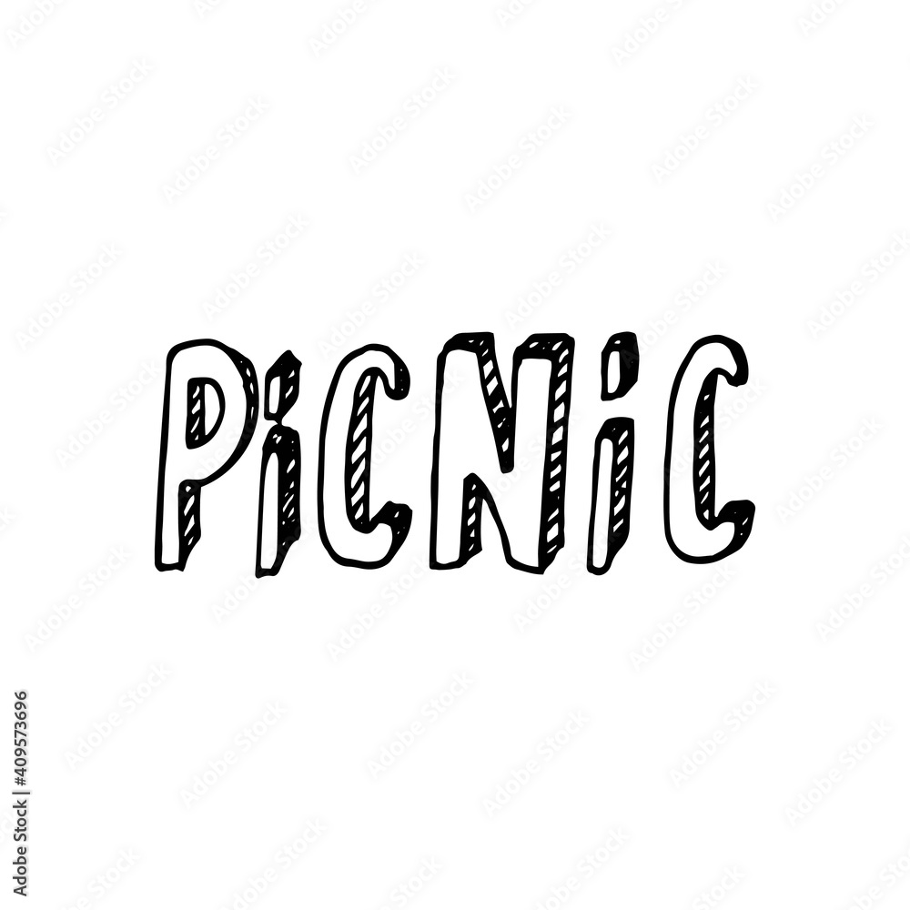 Picnic. Hand written doodle vector word on white background