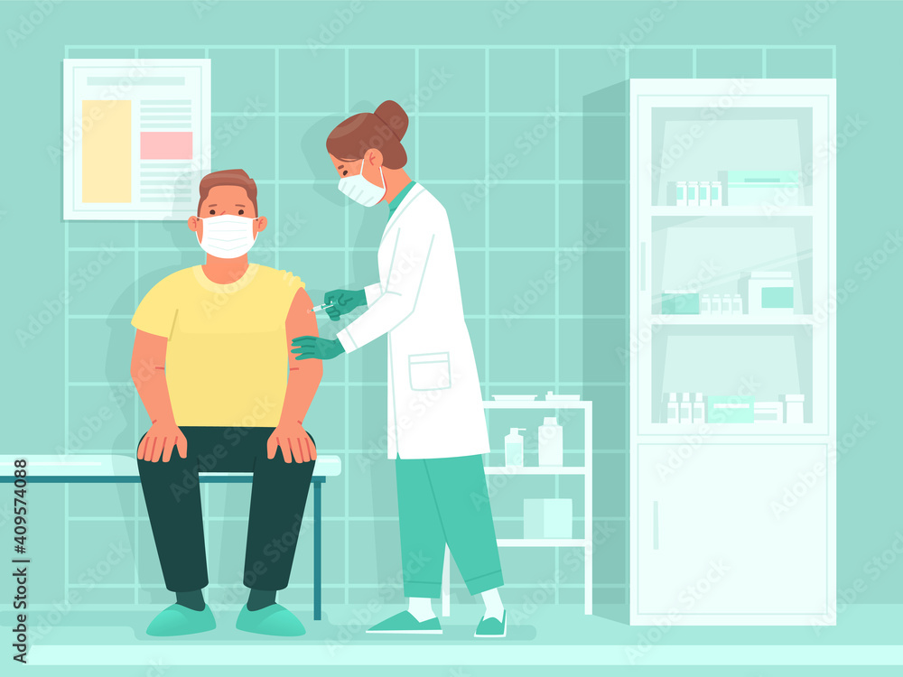 Vaccination of the population. The doctor gives a shot of vaccine or medicine to the patient. Graft