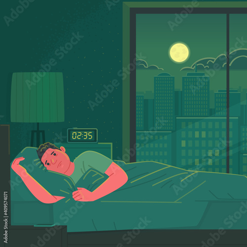 Insomnia. A sad and tired man cannot sleep lying in bed at night. Stress and anxiety. Vector illustration
