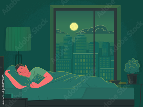 The man sleeps in bed at night. Healthy sleep in a big city. Vector illustration