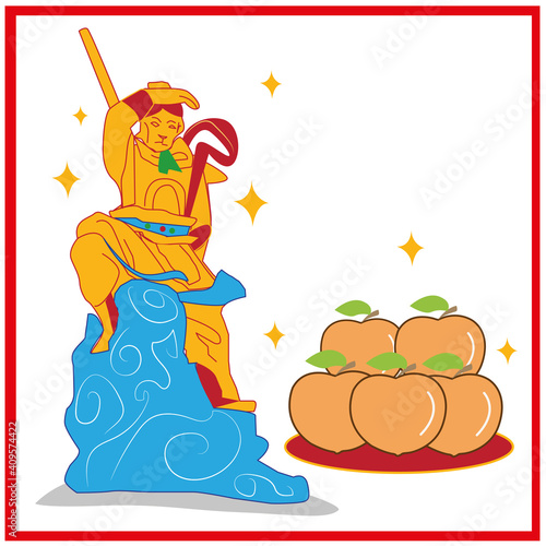  Vector illustration, chinese new year, chinese god, heng Chia, Peach,on a golden background