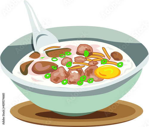 Rice congee with pork and eggs, Traditional Thai food collection, Vector IllustrationPut on a plate, white background