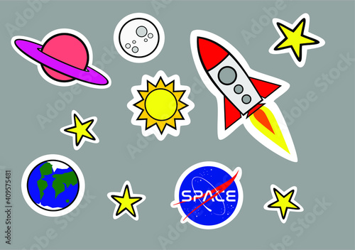 STICKER ROCKET SPACE, PLANET, MOON, SUN AND STARS PATCHES VECTOR