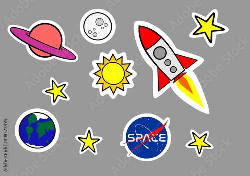 Fototapeta Naklejka Na Ścianę i Meble -  STICKER ROCKET SPACE, PLANET, MOON, SUN AND STARS PATCHES