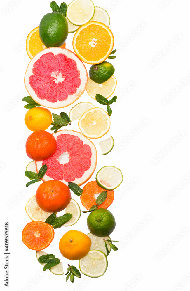 Citrus background. Fresh citrus fruits - Lemons, oranges, limes, grapefruits on the white background Citrus background. Fresh citrus fruits - Lemons, oranges, limes, grapefruits on the white background