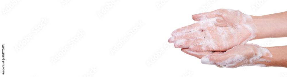Washing hands with soap, foam on skin, isolated on white background. Washing hands with soap, foam on skin, isolated on white background.