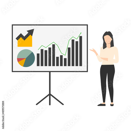Business presentation. Businesswoman standing near the blackboard making a presentation. Indicates and explains the diagram, gives the report. Vector illustration of a flat design style. Businesswoman