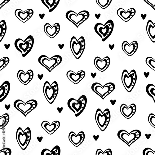 Seamless vector unidirectional pattern. Stylized black and white hearts mixed with black hearts, On a transparent background.
