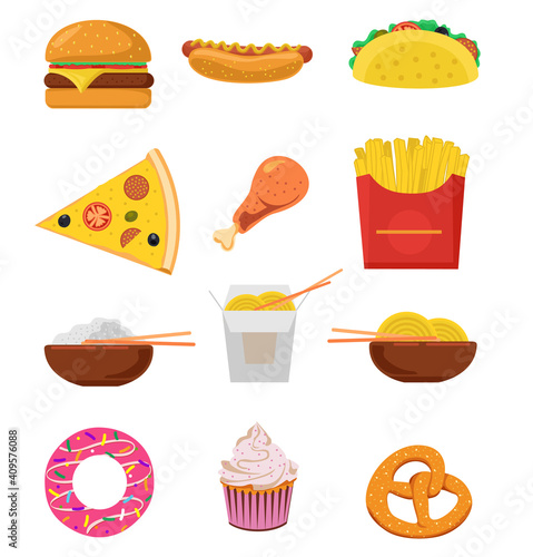 Fast street food lunch or breakfast meal set. Fast food icons. Cheeseburger, french fries, fried crispy chicken leg, glazed donut, soft soda, coffee cup, hot dog, pizza. Vector illustration