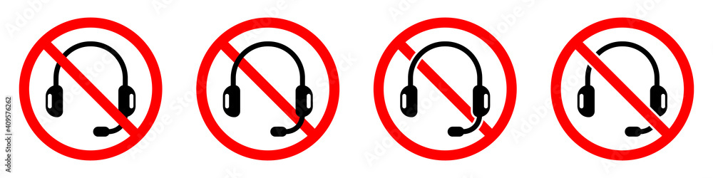 Headphones are forbidden. Stop headphones icon set. No headphones sign Headphones are forbidden. Stop headphones icon set. No headphones sign