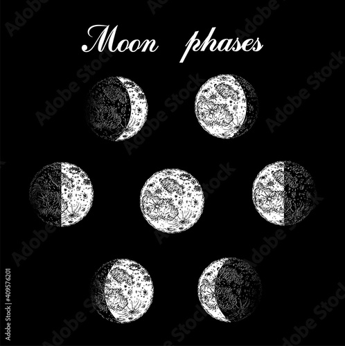 Moon phases. Sketch illustration. Moon phases planets in solar system. Astrology or astronomical galaxy space. Orbit or circle. Engraved hand drawn in old vintage style for label.