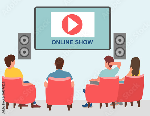 Entertainment with internet content. Webinar creative idea. Online cinema, video and film streaming with device at home concept. Stage show on the screen of laptop device technology.