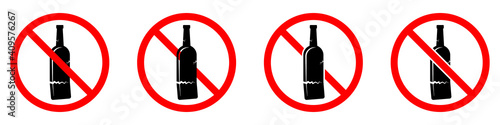 Alcohol is forbidden. Glass bottle icons set. Stop alcohol icon. Vector illustration.