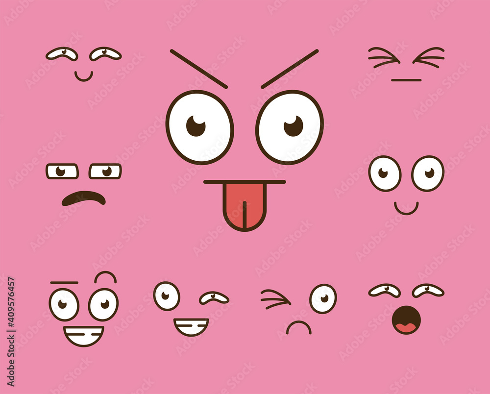 bundle of nine cartoon faces emoticons in pink background bundle of nine cartoon faces emoticons in pink background