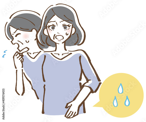 咳をした瞬間に尿漏れをする女性　イラスト