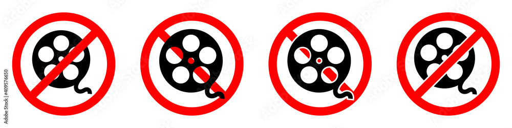 Movie viewing is forbidden. Movie ban icon. Cinema is prohibited. Vector illustration. Movie viewing is forbidden. Movie ban icon. Cinema is prohibited. Vector illustration.