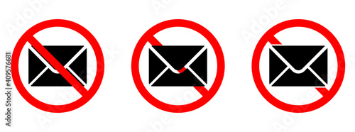 Mail ban icon. Letter is prohibited. Stop email icon.