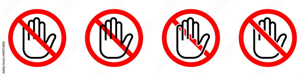Stop or ban red round sign with hand icon. Touch with hands is prohibited Stop or ban red round sign with hand icon. Touch with hands is prohibited