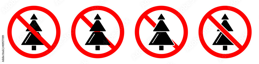 Stop or ban red round sign with christmas tree icon. Christmas tree is prohibited Stop or ban red round sign with christmas tree icon. Christmas tree is prohibited