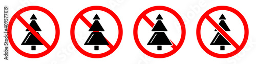 Stop or ban red round sign with christmas tree icon. Christmas tree is prohibited