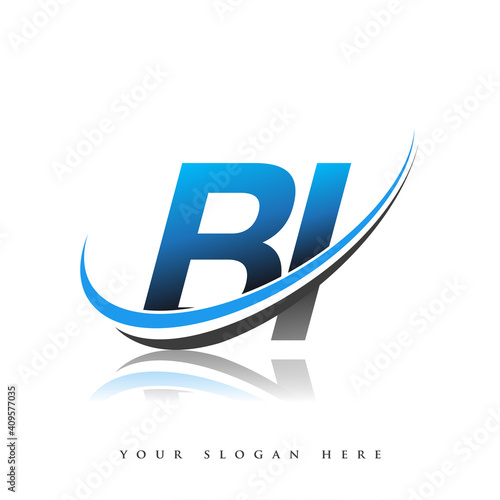 BI initial logo company name colored blue and black swoosh design, isolated on white background. vector logo for business and company identity.