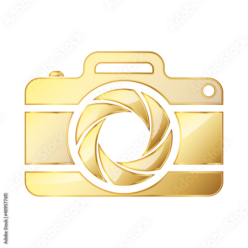 Photo camera icon. Gold photo camera icon isolated. Vector illustration.