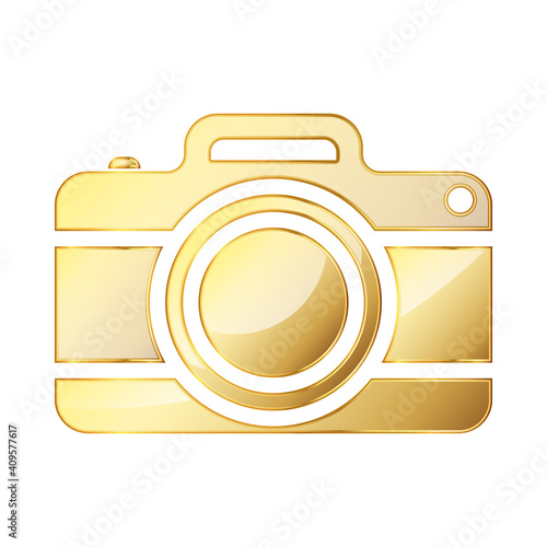 Photo camera icon. Gold photo camera icon isolated. Vector illustration.