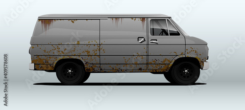 Rusty, old van in vector. View from side with perspective.
