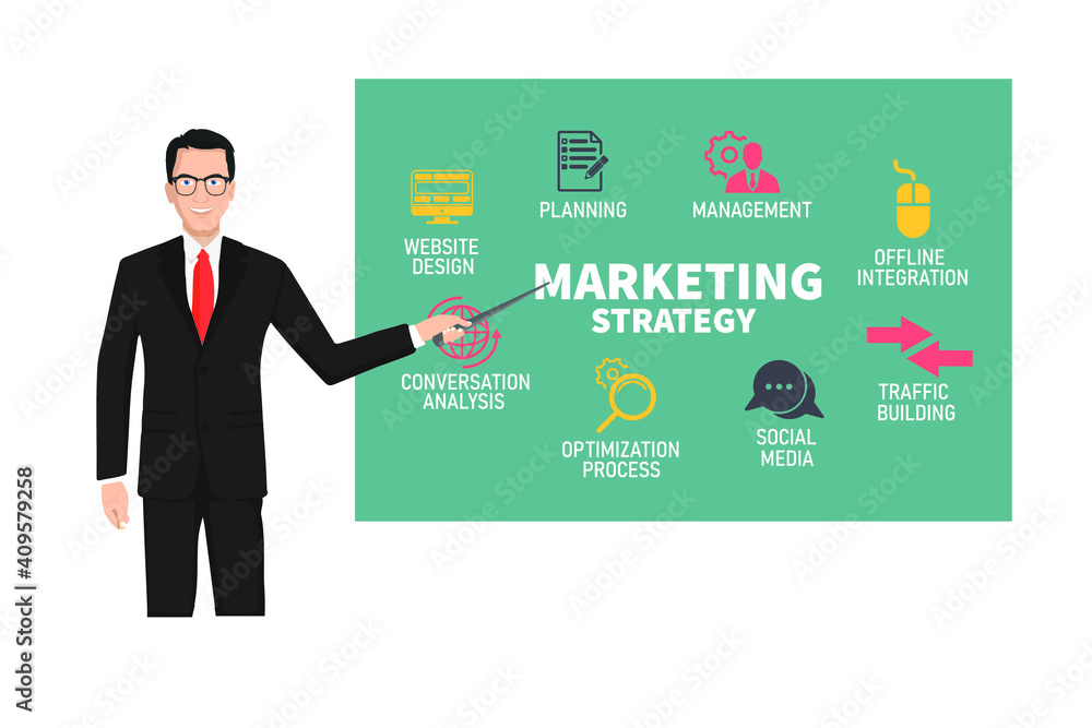 Businessman present a marketing strategy on board.Vector illustration. Businessman present a marketing strategy on board.Vector illustration.