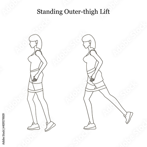 Standing outer thigh lift exercise with resistance band outline