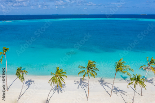 Aerial paradise scenery. Tropical aerial landscape, seascape with palm leaves shadows amazing sea and lagoon beach, tropical nature. Exotic tourism destination banner, summer vacation