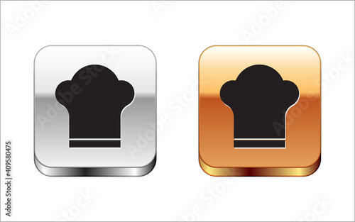 Black Chef hat icon isolated on white background. Cooking symbol. Cooks hat. Silver-gold square button. Vector.