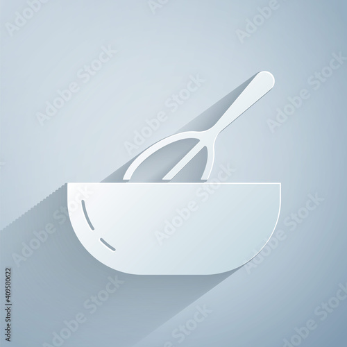 Paper cut Kitchen whisk and bowl icon isolated on grey background. Cooking utensil, egg beater. Cutlery sign. Food mix symbol. Paper art style. Vector.