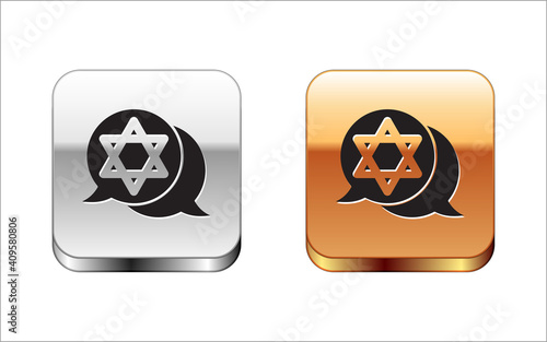 Black Star of David icon isolated on white background. Jewish religion symbol. Symbol of Israel. Silver-gold square button. Vector.