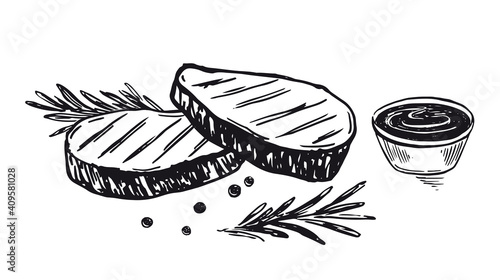 Barbecue beef steak hand-drawn style, vector illustrations.