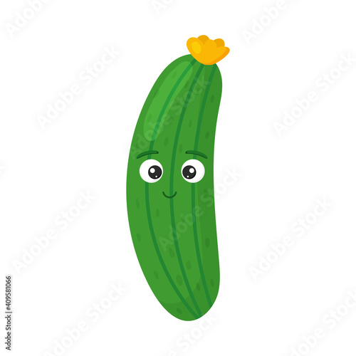 Happy cute cucumber for kids in cartoon style isolated on white background. Funny character vegetable.