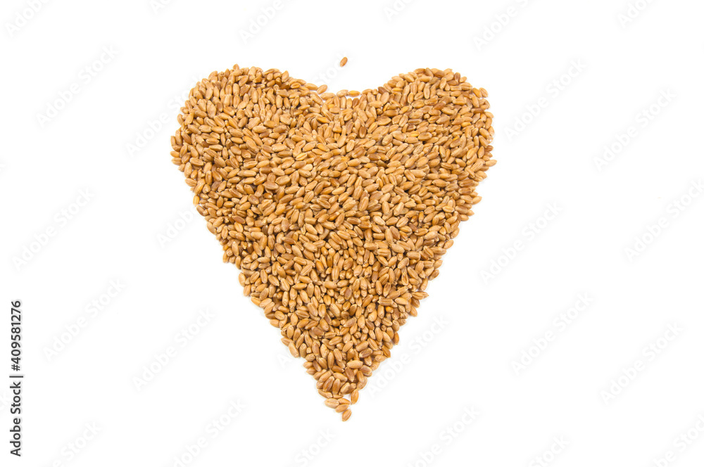 a pile of wheat grains in the shape of a heart on a white background isolated a pile of wheat grains in the shape of a heart on a white background isolated