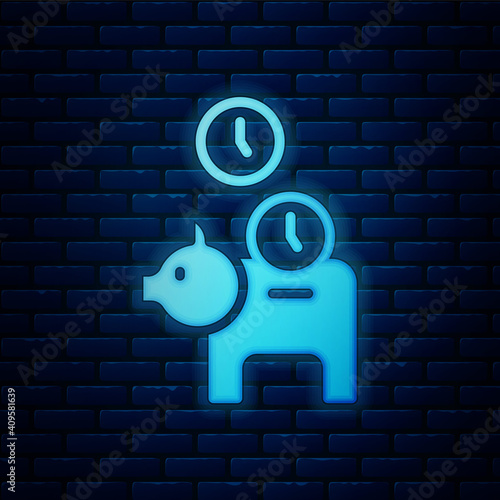 Glowing neon Piggy bank with coin icon isolated on brick wall background. Icon saving or accumulation of money, investment. Vector.