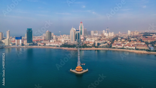 Aerial photography of the old city and coastline architecture in western Qingdao