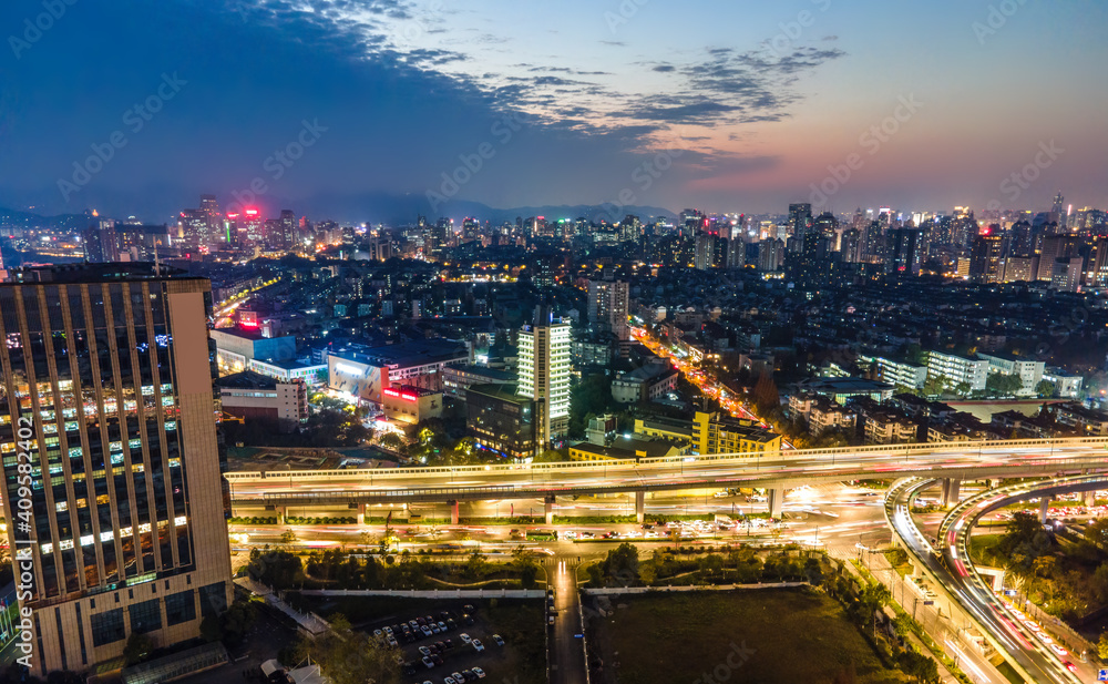 Obraz premium Aerial photography of Hangzhou, Zhejiang, city architecture landscape skyline panorama twilight