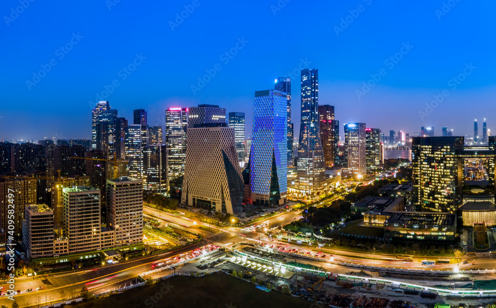 Aerial photography of Hangzhou, Zhejiang, city architecture landscape skyline panorama twilight Aerial photography of Hangzhou, Zhejiang, city architecture landscape skyline panorama twilight