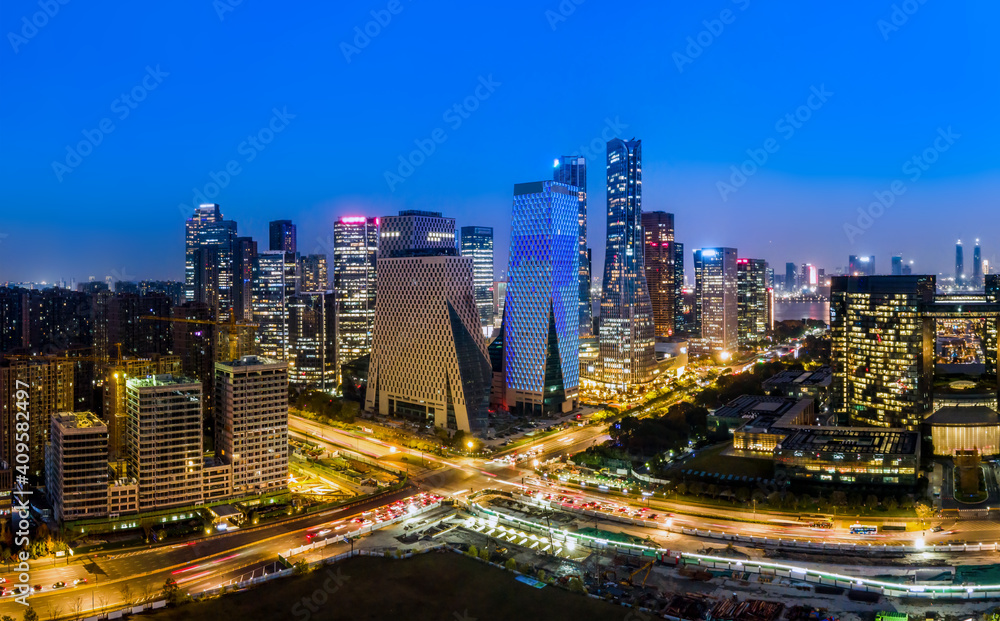 Aerial photography of Hangzhou, Zhejiang, city architecture landscape skyline panorama twilight