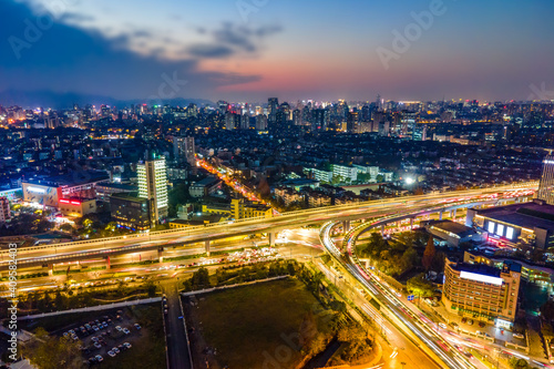 Aerial photography of Hangzhou, Zhejiang, city architecture landscape skyline panorama twilight