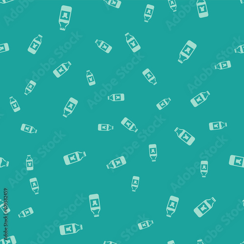 Green Plastic bottle for laundry detergent, bleach, dishwashing liquid or another cleaning agent icon isolated seamless pattern on green background. Vector.
