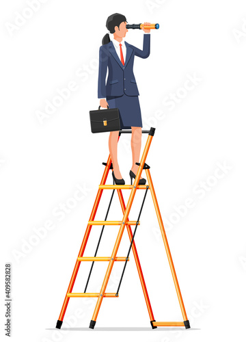 Businesswoman with briefcase on ladder looking for opportunities in spyglass. Business woman with telescope. Searches new perspectives. Looking in future leadership visionary. Flat vector illustration