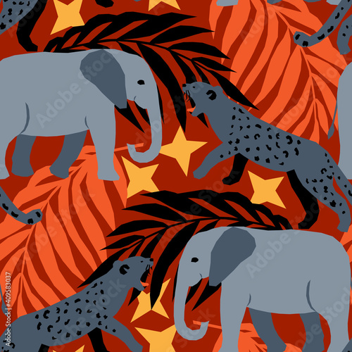 Vector seamless pattern with african night scene Elephants and jaguars illustration