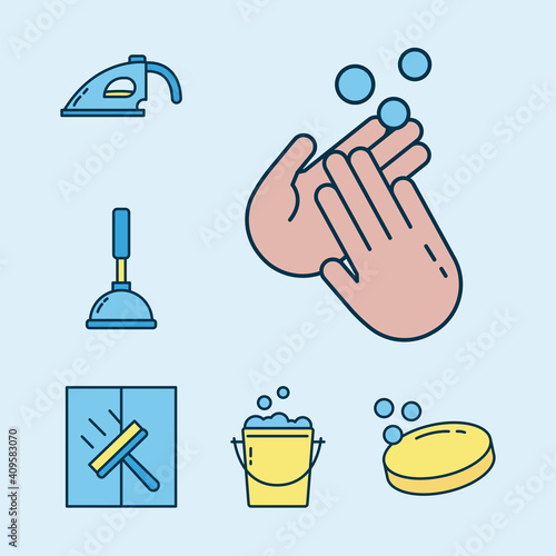 bundle of six disinfection and cleaning set icons