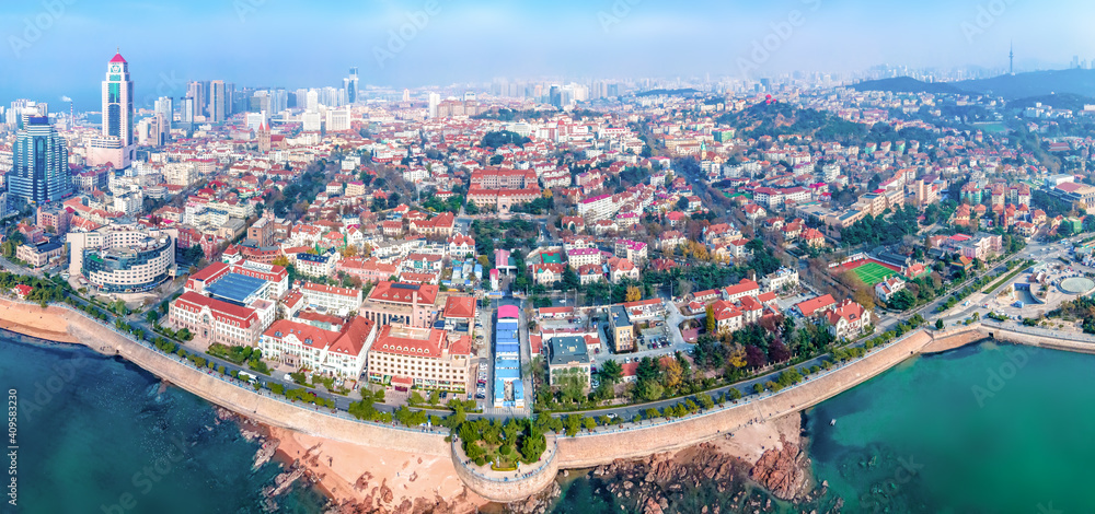 Fototapeta premium Aerial view of European architecture landscape in Qingdao old city