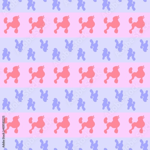 Dog endless pattern. Childish seamless ornate of soft pink and blue contour dogs design elements, page decoration. Stylized puppy poodle. Animal vector illustration of dogs. Endless texture can be